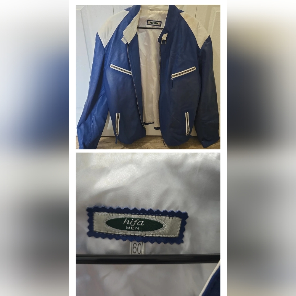 Blue and White Varsity Bomber Jacket with Athletic Design